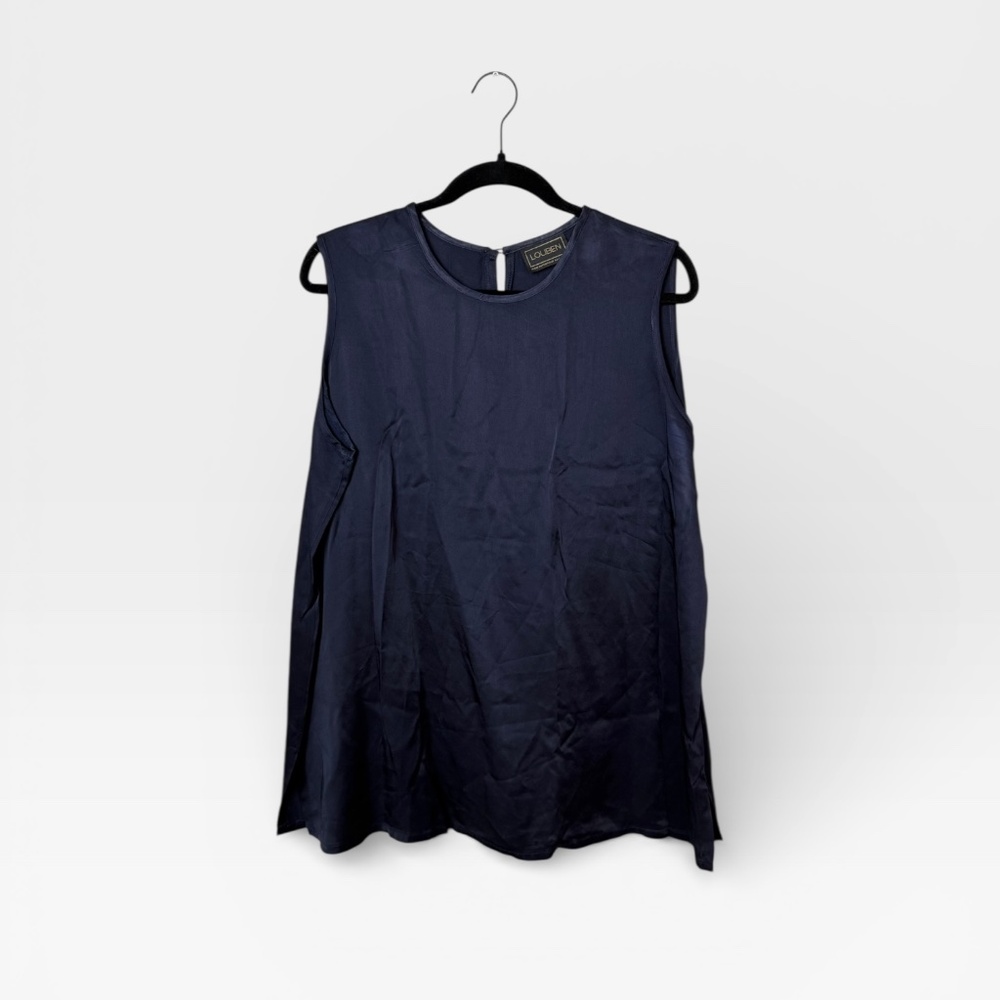 Louben Size L/XL Satin Dark Blue Sleeveless Blouse (A)